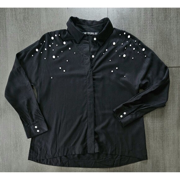 Zara Tops - Zara Black Bead Pearl Accent Long Sleeve Button Down Blouse Shirt Medium  Party